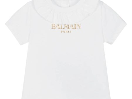 Balmain Baby Ruffled Collar White T-Shirt Online Sale