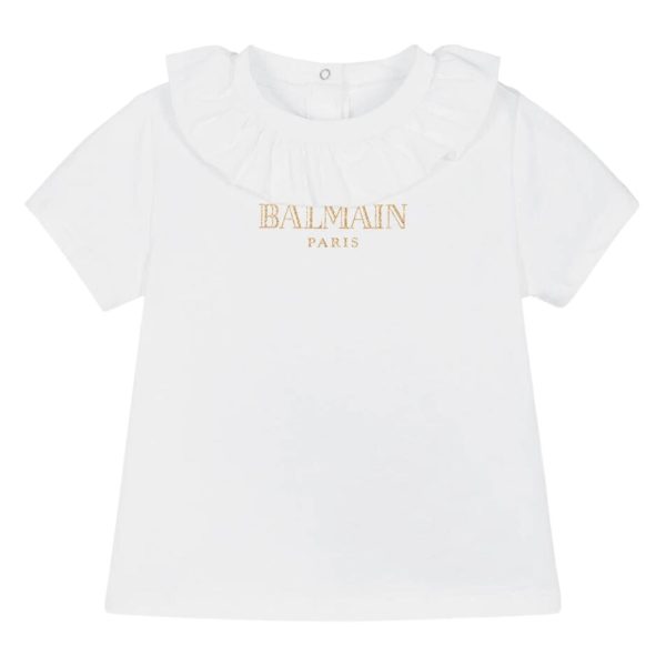 Balmain Baby Ruffled Collar White T-Shirt Online Sale