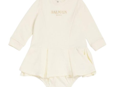 Balmain Baby Printed Logo Ivory Sweat Dress & Bloomers Set For Discount