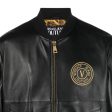 Versace Jeans Couture V Emblem Logo Black Leather Jacket Hot on Sale