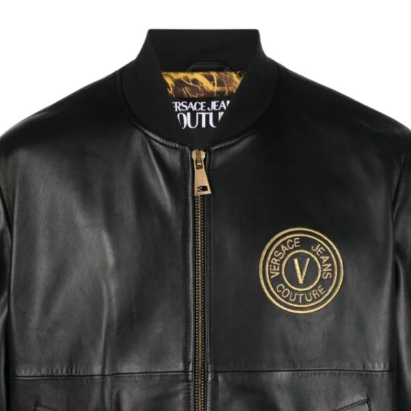 Versace Jeans Couture V Emblem Logo Black Leather Jacket Hot on Sale