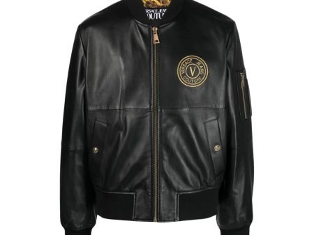 Versace Jeans Couture V Emblem Logo Black Leather Jacket Hot on Sale